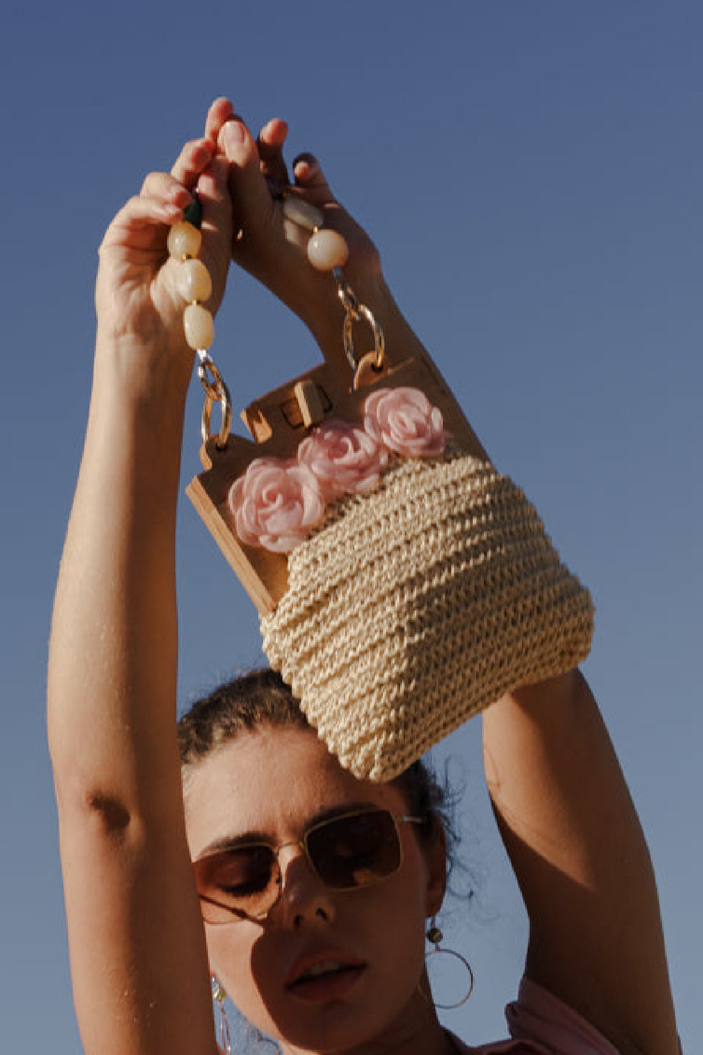 Bohemian Crochet Beaded Top Handle Woven Handbag Natural