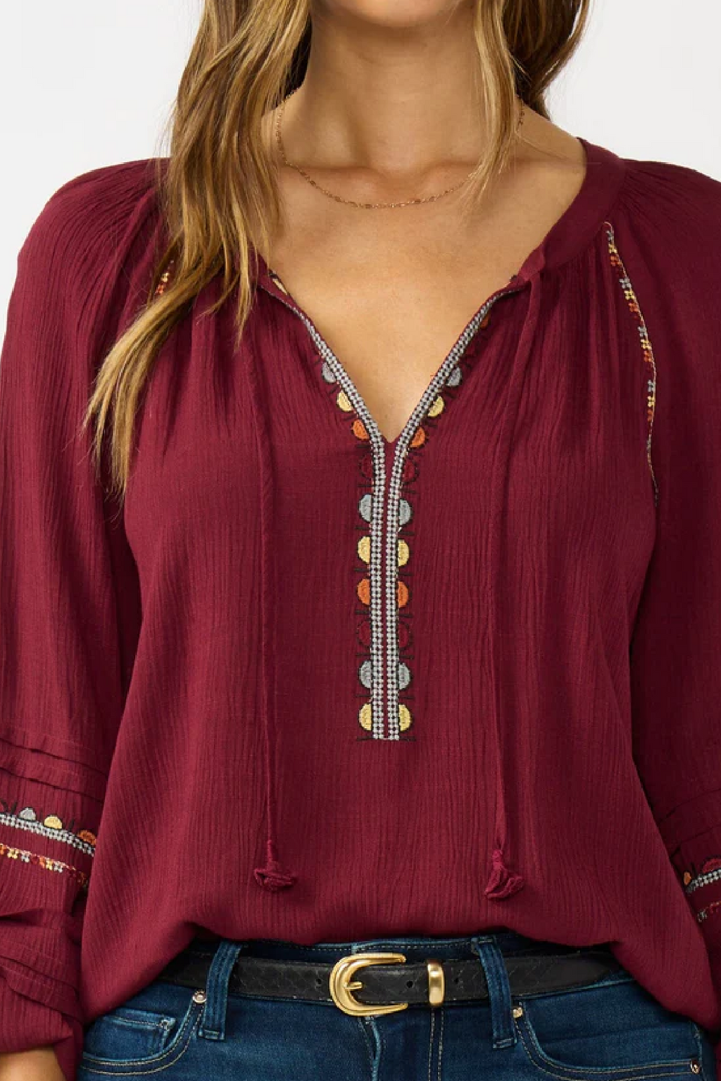  Long Sleeve Embroidered Top Burgundy