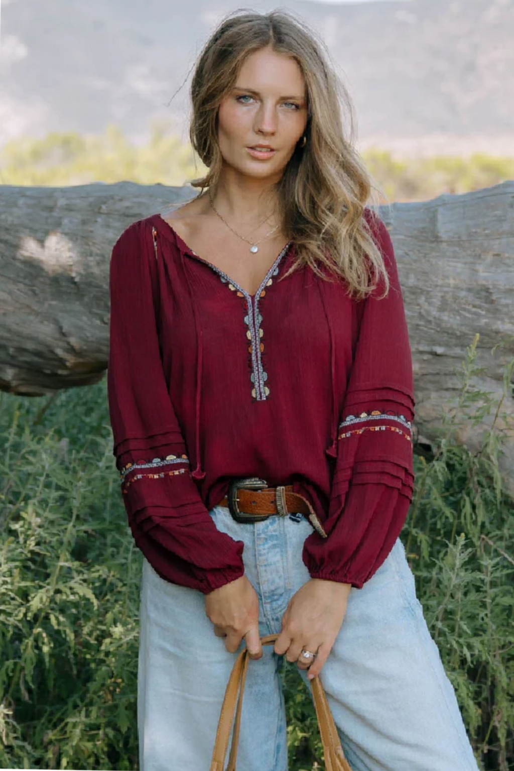  Long Sleeve Embroidered Top Burgundy