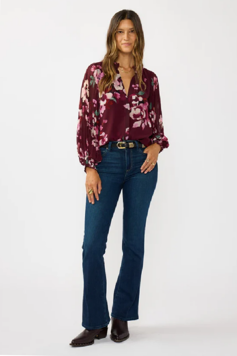 Long Pleated Sleeve Button Down Top Burgundy