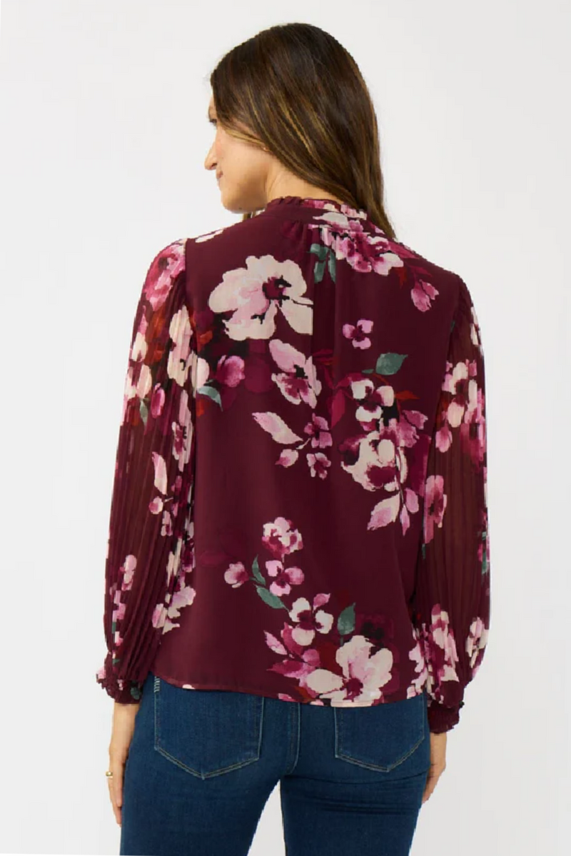 Long Pleated Sleeve Button Down Top Burgundy
