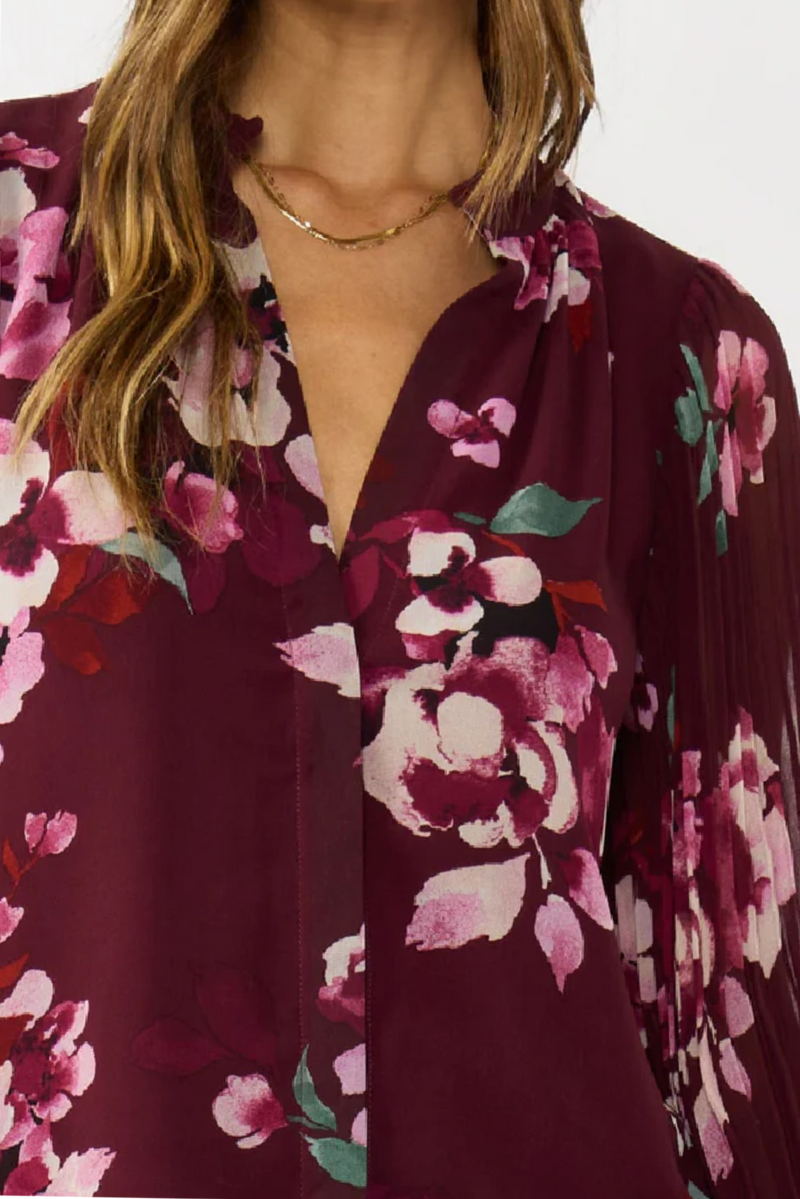 Long Pleated Sleeve Button Down Top Burgundy