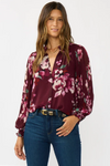 Ari Long Pleated Sleeve Button Down Top Burgundy