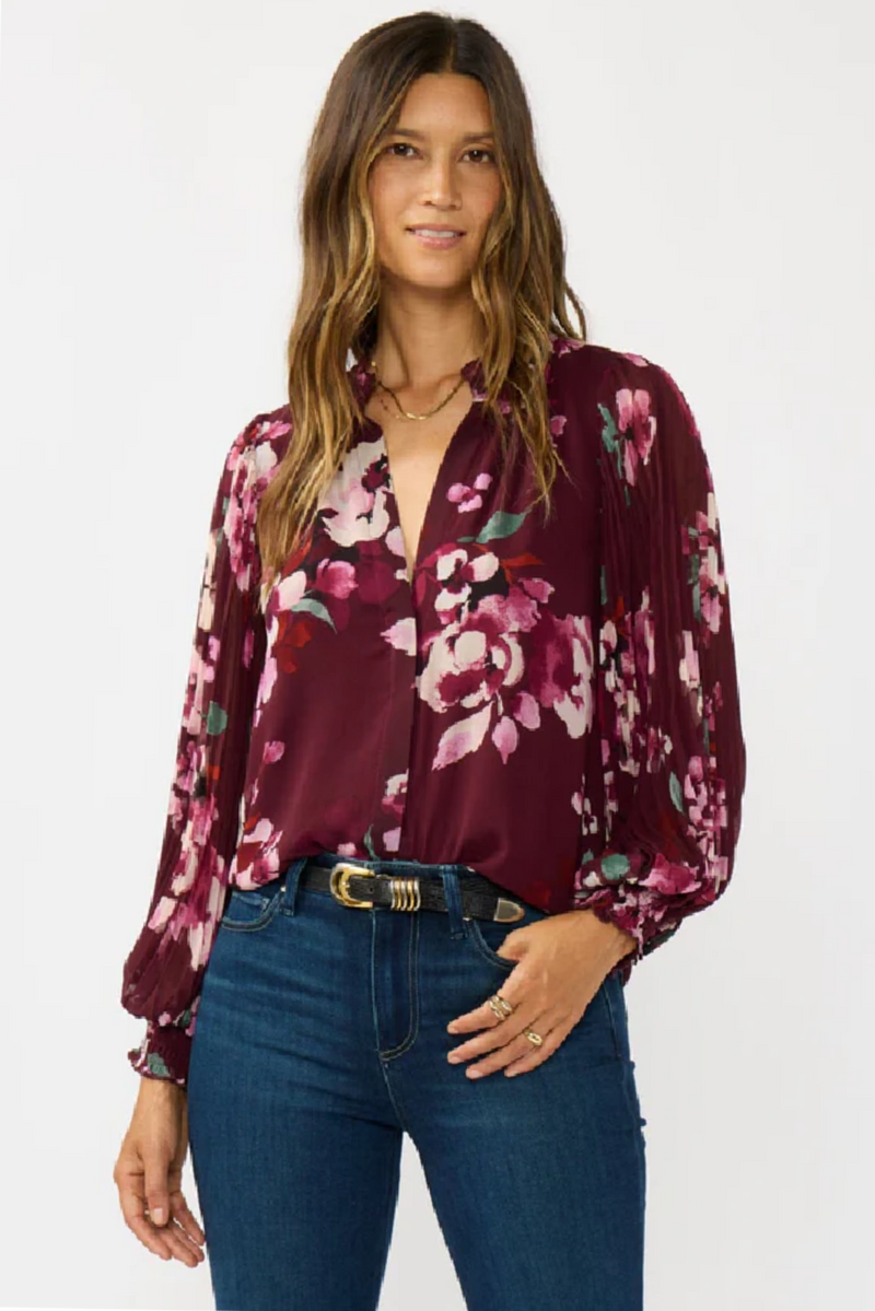 Ari Long Pleated Sleeve Button Down Top Burgundy