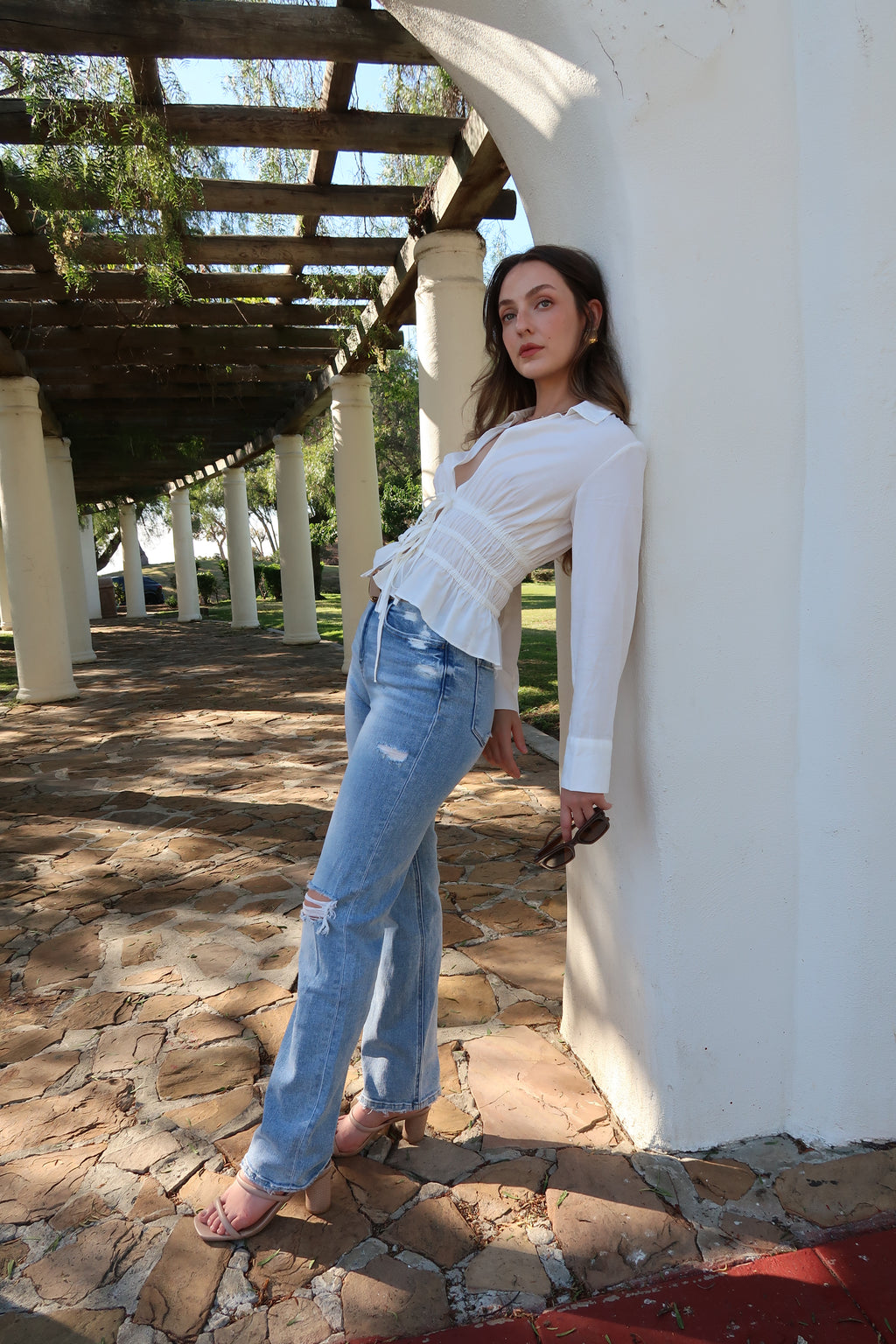 Long Sleeve Waist Tie Peplum Top White