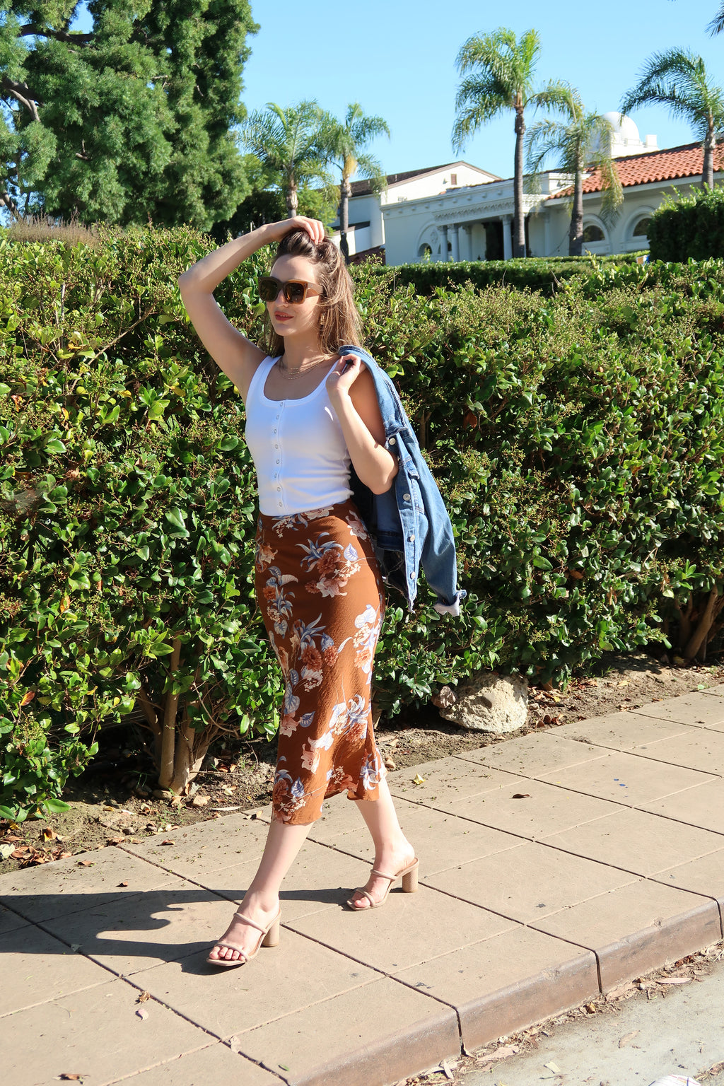 High Waist Floral Midi Skirt Brown