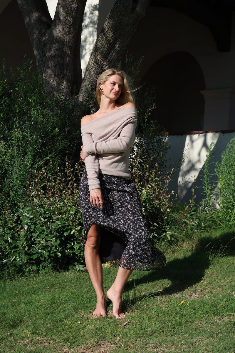  Long Sleeve Asymmetrical Off The Shoulder Top Taupe