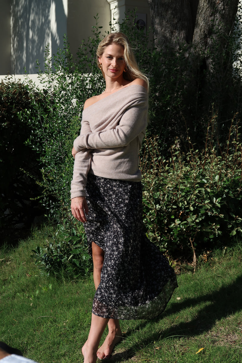  Long Sleeve Asymmetrical Off The Shoulder Top Taupe