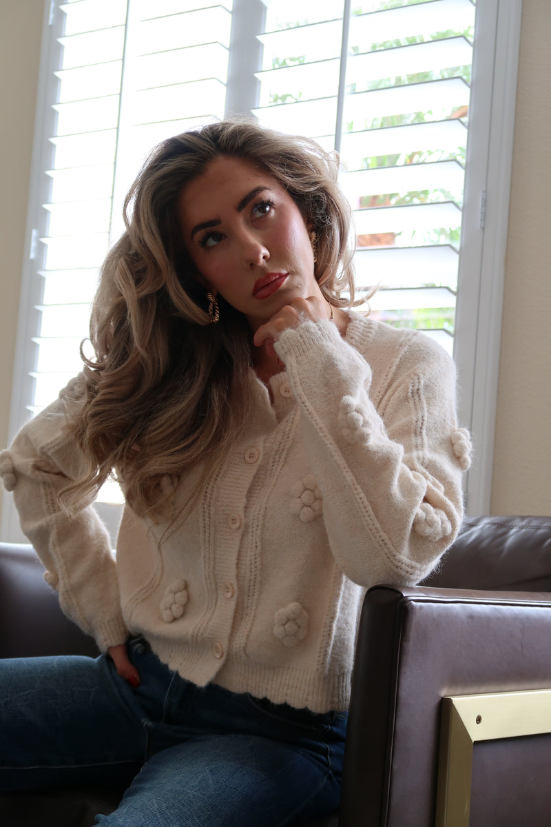 Gabby Long Sleeve Pom Pom Crop Cardigan Cream – Miss Match Group