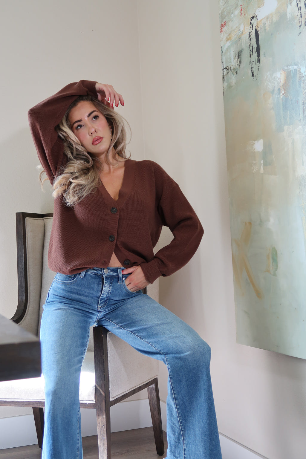 Long Sleeve Button Down Cardigan Brown