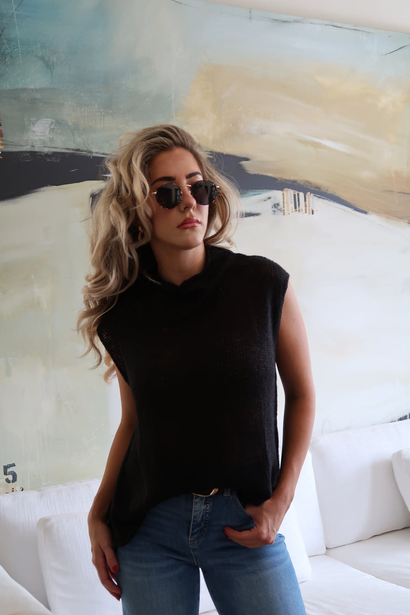 Sleeveless High Neck Knit Sweater Black