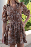 Long Sleeve Floral Print Mini Dress Brown