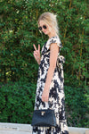 Ruffle Sleeve Back Tie Floral Print Maxi Dress Black
