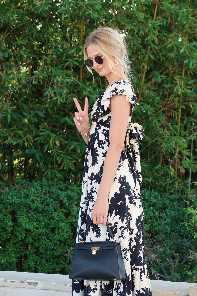 Ruffle Sleeve Back Tie Floral Print Maxi Dress Black