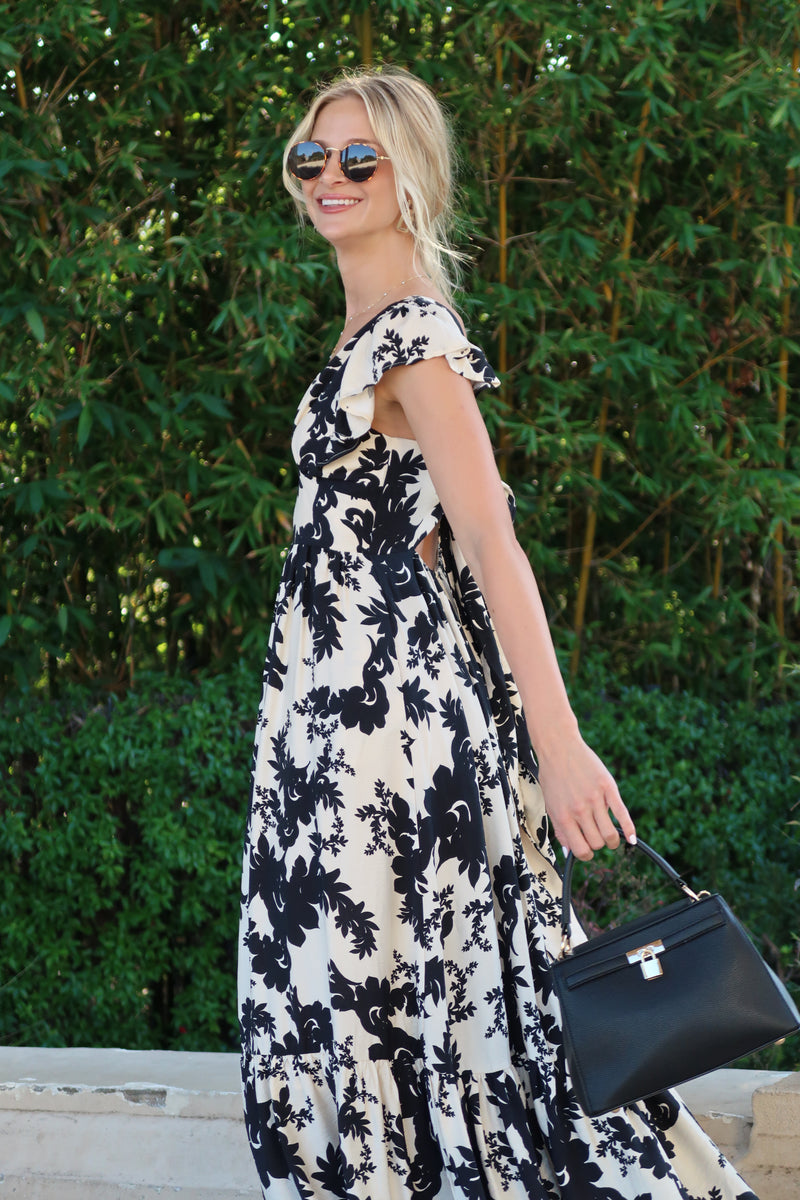 Ruffle Sleeve Back Tie Floral Print Maxi Dress Black