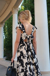 Ruffle Sleeve Back Tie Floral Print Maxi Dress Black