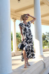 Ruffle Sleeve Back Tie Floral Print Maxi Dress Black