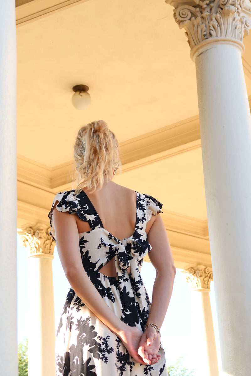 Ruffle Sleeve Back Tie Floral Print Maxi Dress Black