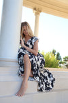 Ruffle Sleeve Back Tie Floral Print Maxi Dress Black