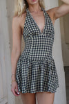 Sleeveless Halter Checkered Print Mini Dress Natural