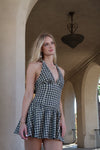 Sleeveless Halter Checkered Print Mini Dress Natural