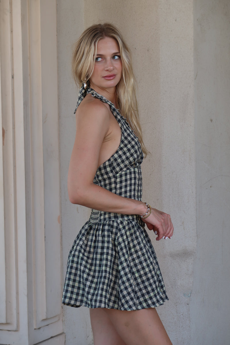 Sleeveless Halter Checkered Print Mini Dress Natural