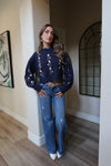 Long Sleeve Floral Embroidered Sweater Navy
