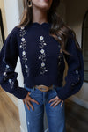 Long Sleeve Floral Embroidered Sweater Navy