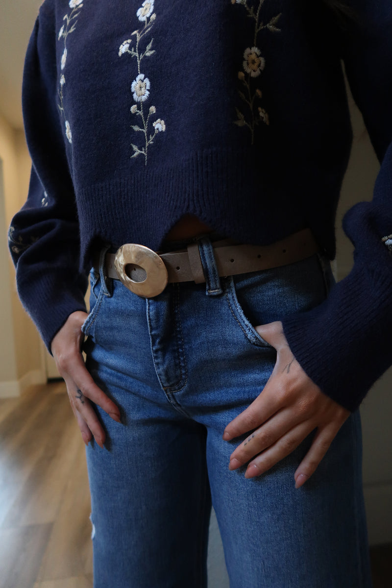 Hammered Oval Buckle Belt Brown