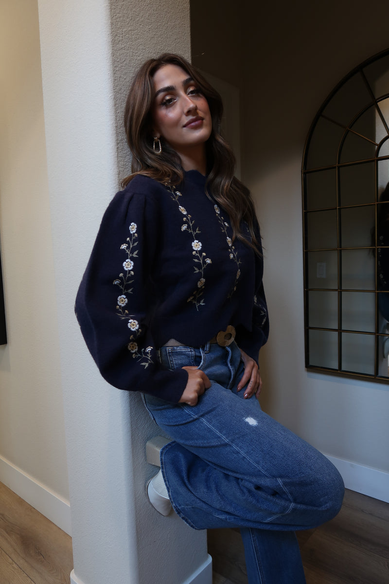 Long Sleeve Floral Embroidered Sweater Navy