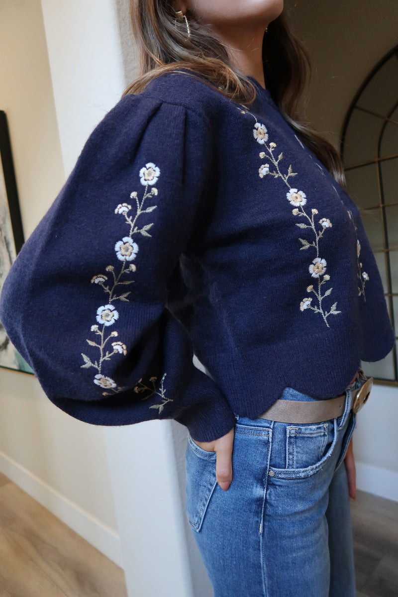 Long Sleeve Floral Embroidered Sweater Navy