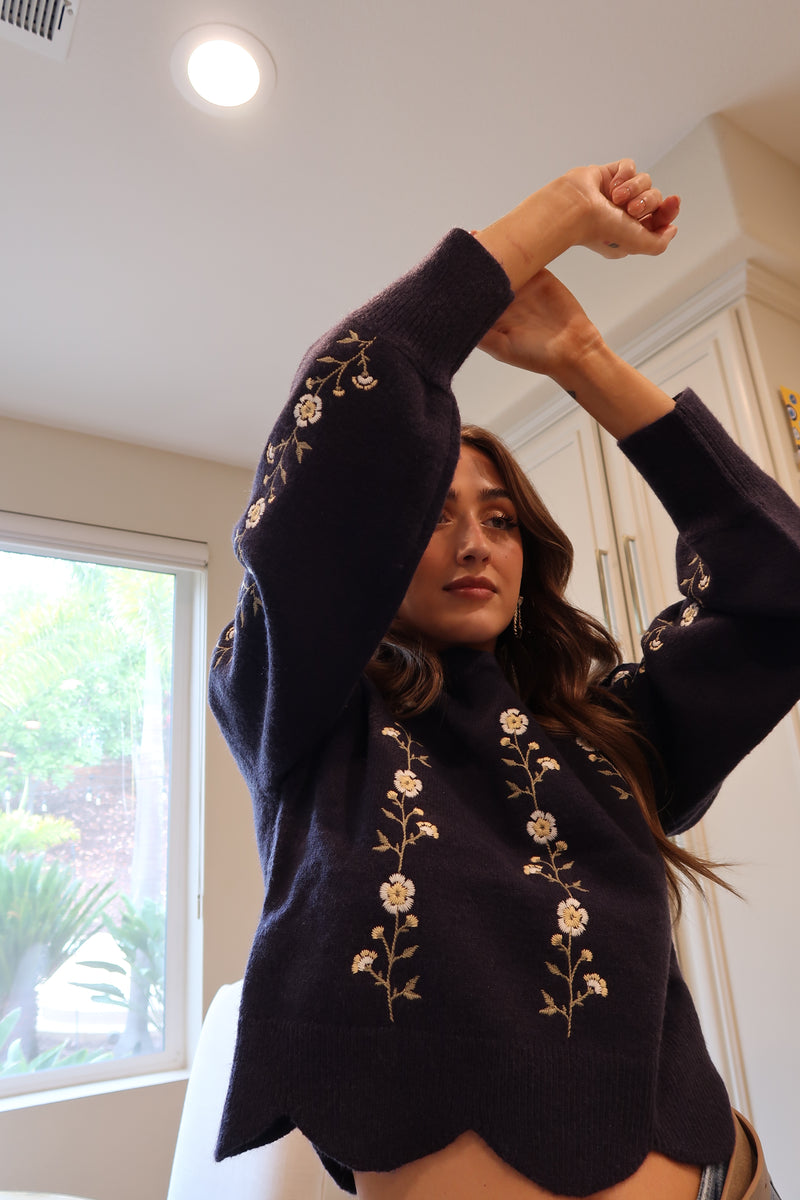Long Sleeve Floral Embroidered Sweater Navy