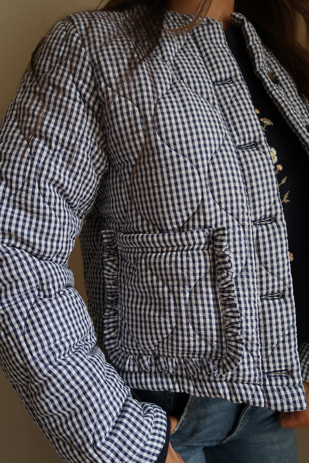 Long Sleeve Plaid Print Quilted Shacket Navy