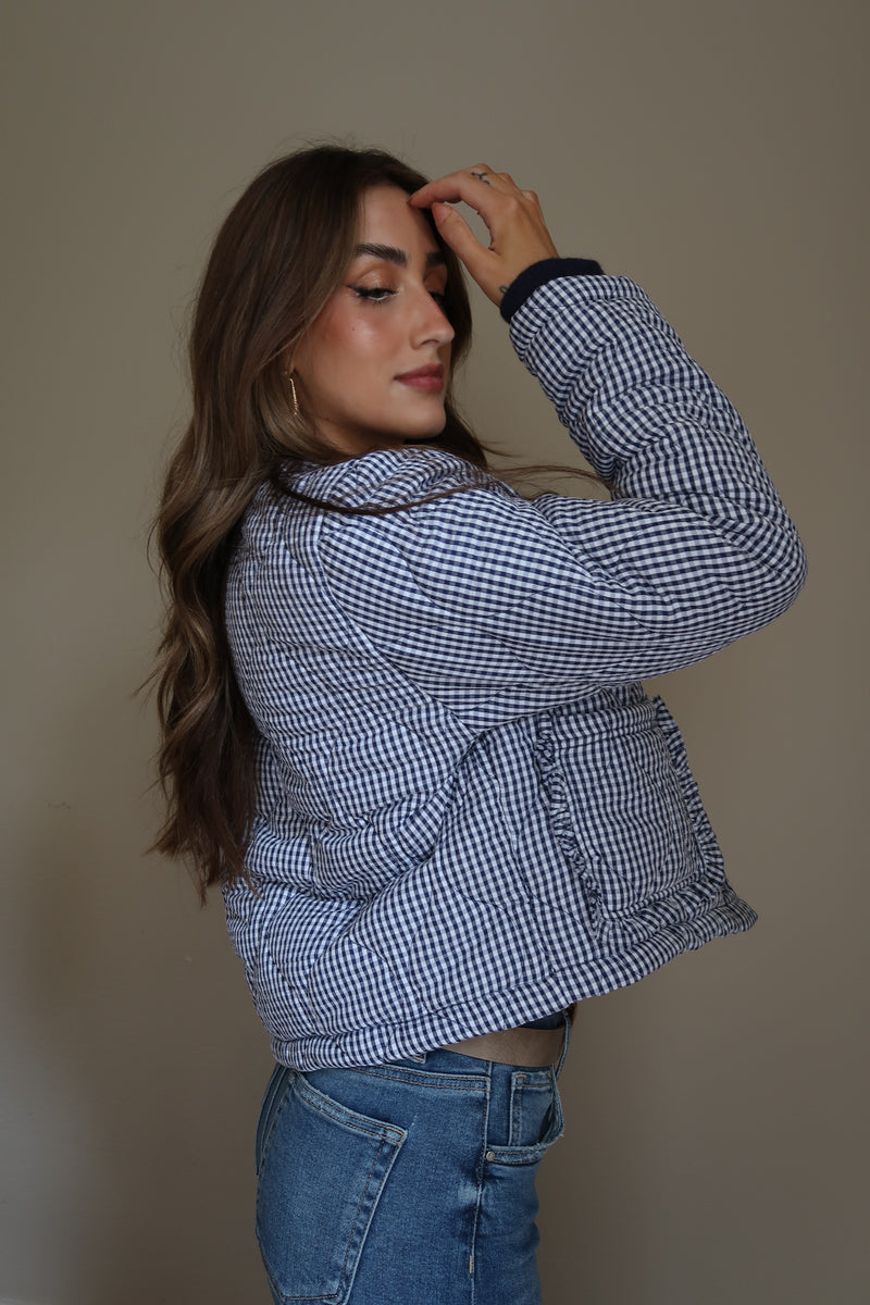 Long Sleeve Plaid Print Quilted Shacket Navy