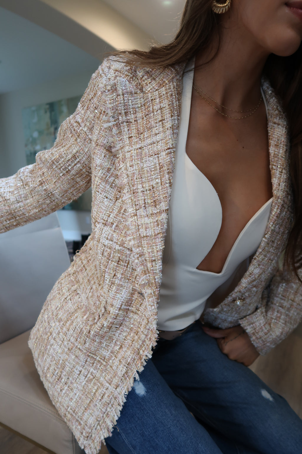 Long Sleeve Notched Lapel Tweed Blazer Khaki