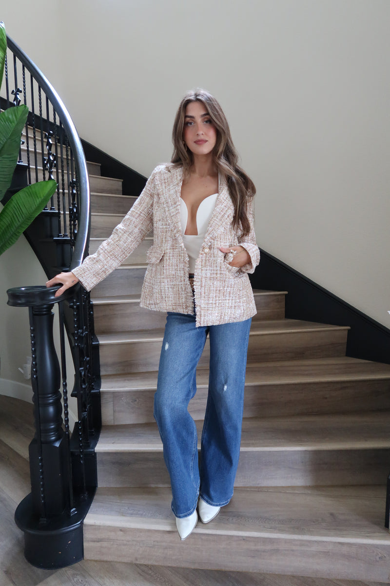 Long Sleeve Notched Lapel Tweed Blazer Khaki