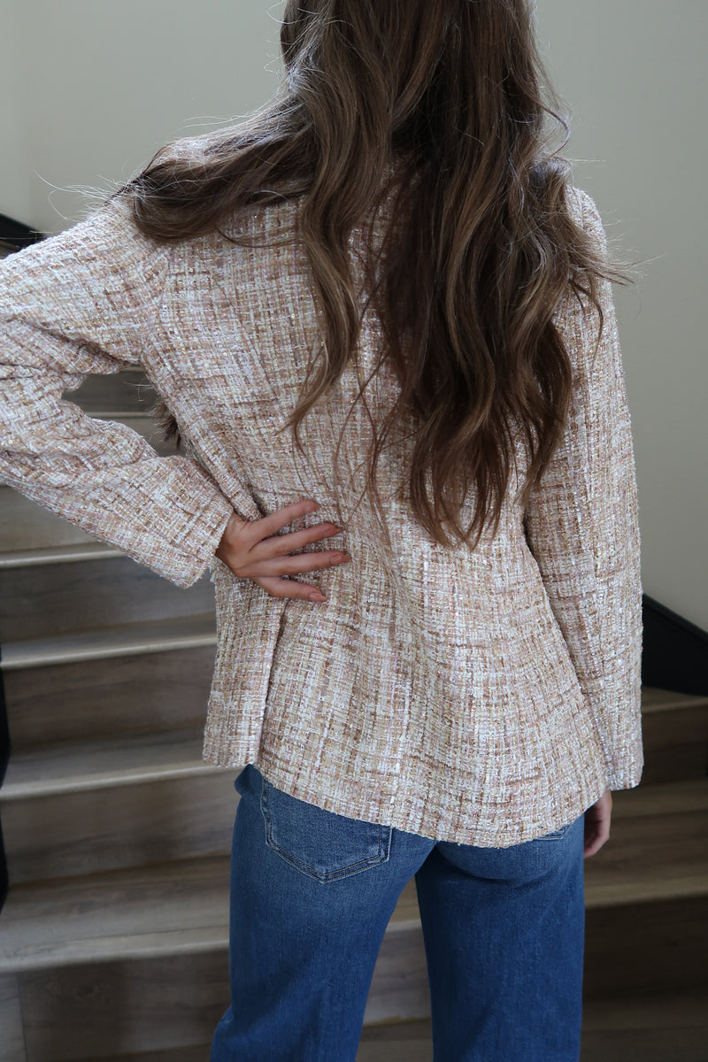 Long Sleeve Notched Lapel Tweed Blazer Khaki