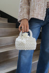 Top Handle Faux Pearl Beaded Mini Purse White