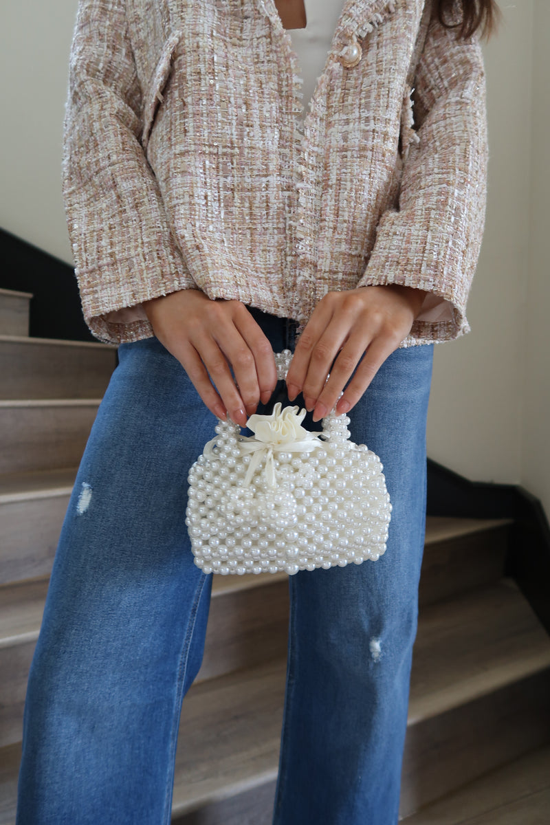 Top Handle Faux Pearl Beaded Mini Purse White