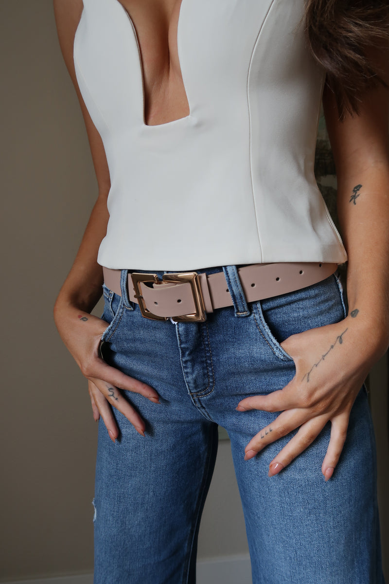 Double Metal Buckle Vegan Leather Belt Taupe