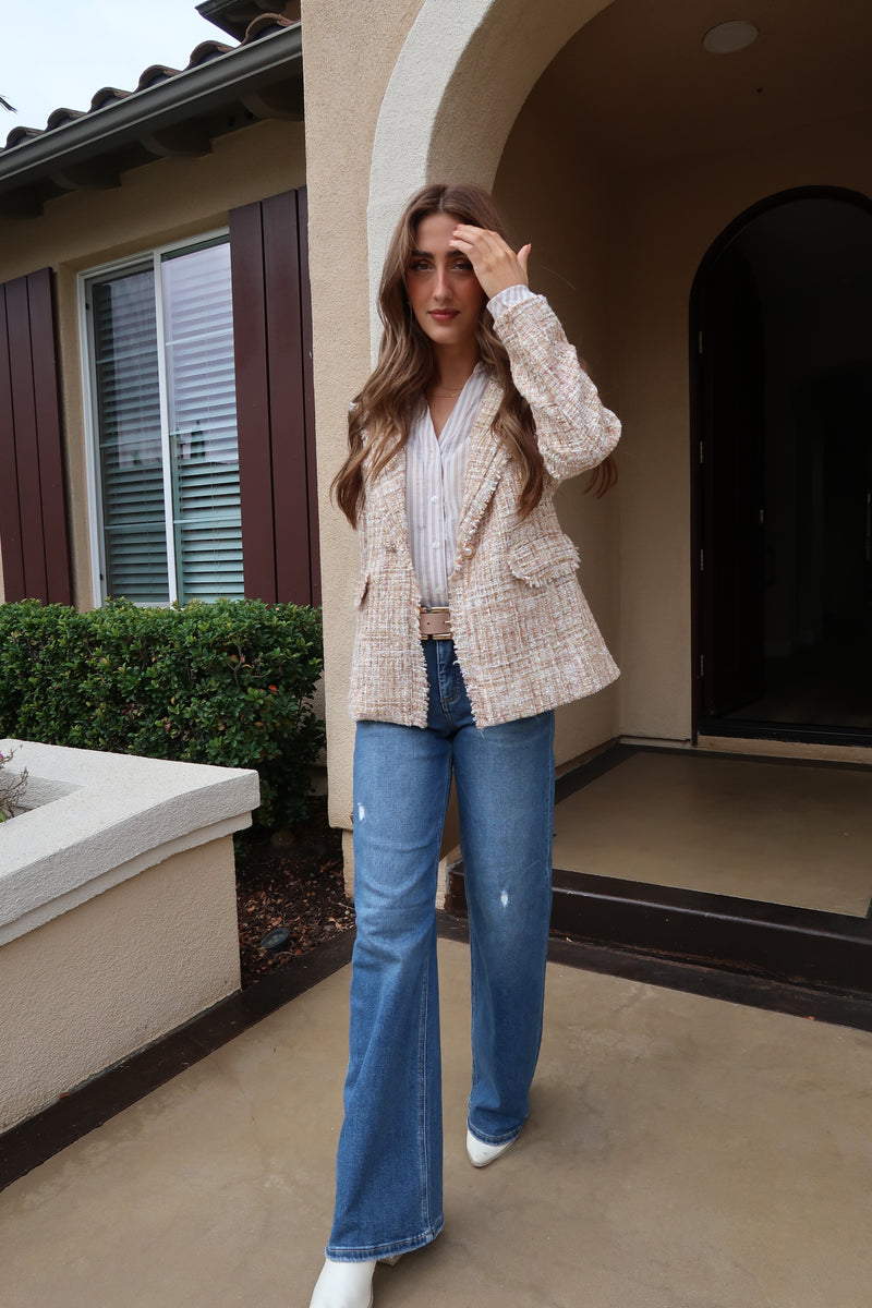 Long Sleeve Notched Lapel Tweed Blazer Khaki