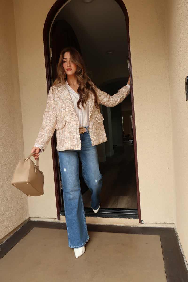 Long Sleeve Notched Lapel Tweed Blazer Khaki