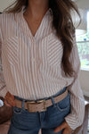 Long Sleeve Stripe Print Button Down Top Taupe