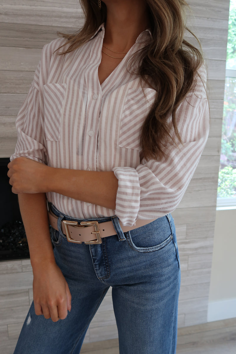 Long Sleeve Stripe Print Button Down Top Taupe
