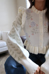 Long Sleeve Ruffle Floral Print Crop Cardigan Ivory