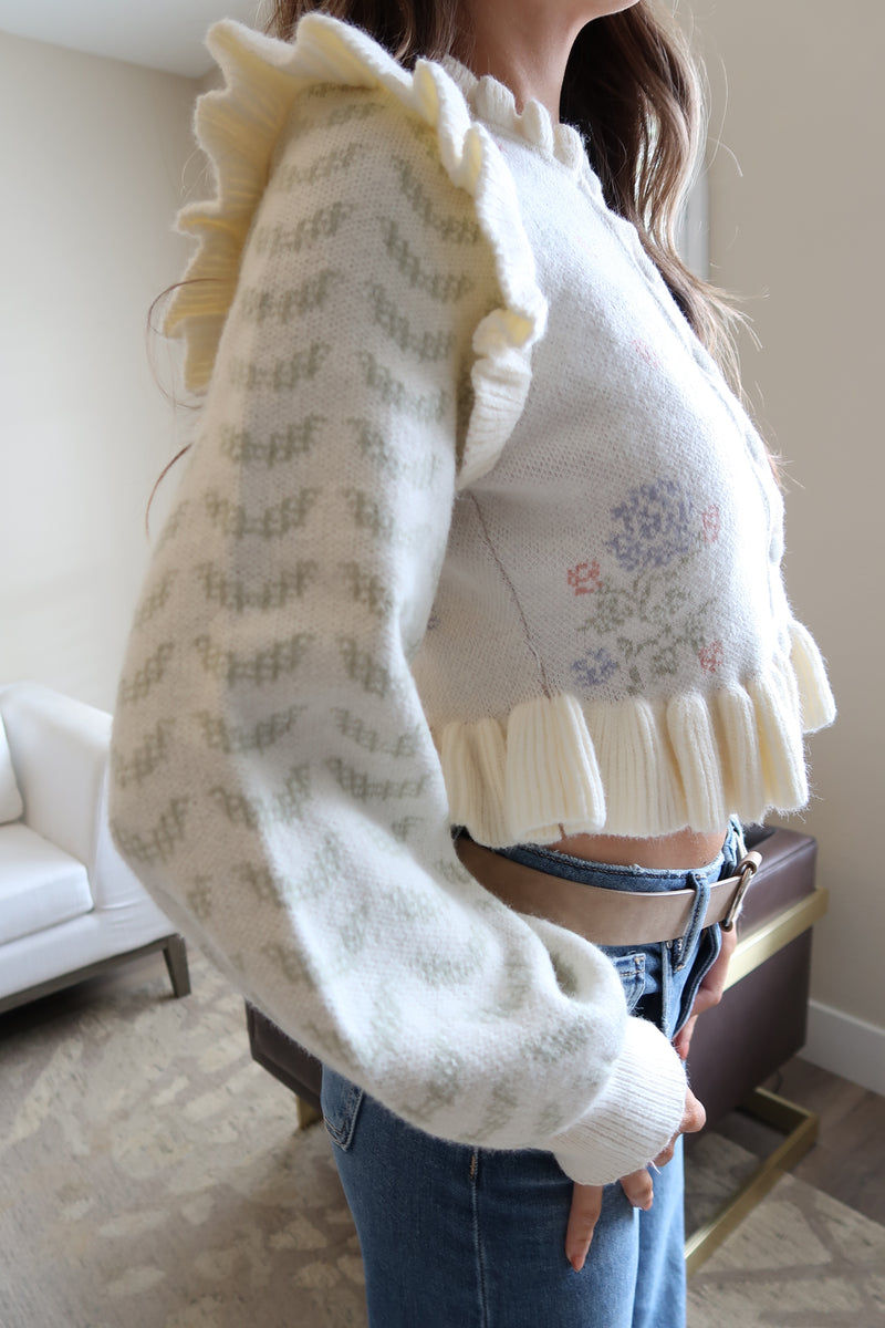 Long Sleeve Ruffle Floral Print Crop Cardigan Ivory
