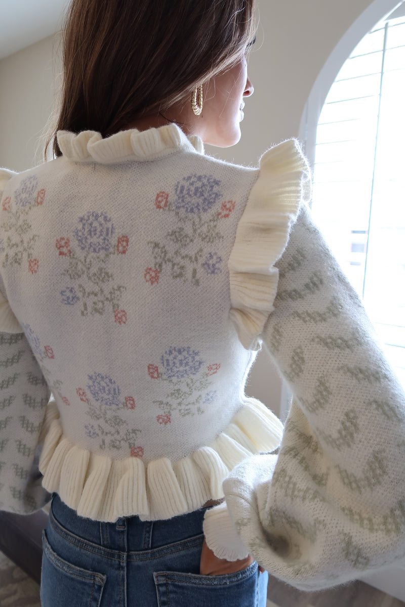 Long Sleeve Ruffle Floral Print Crop Cardigan Ivory