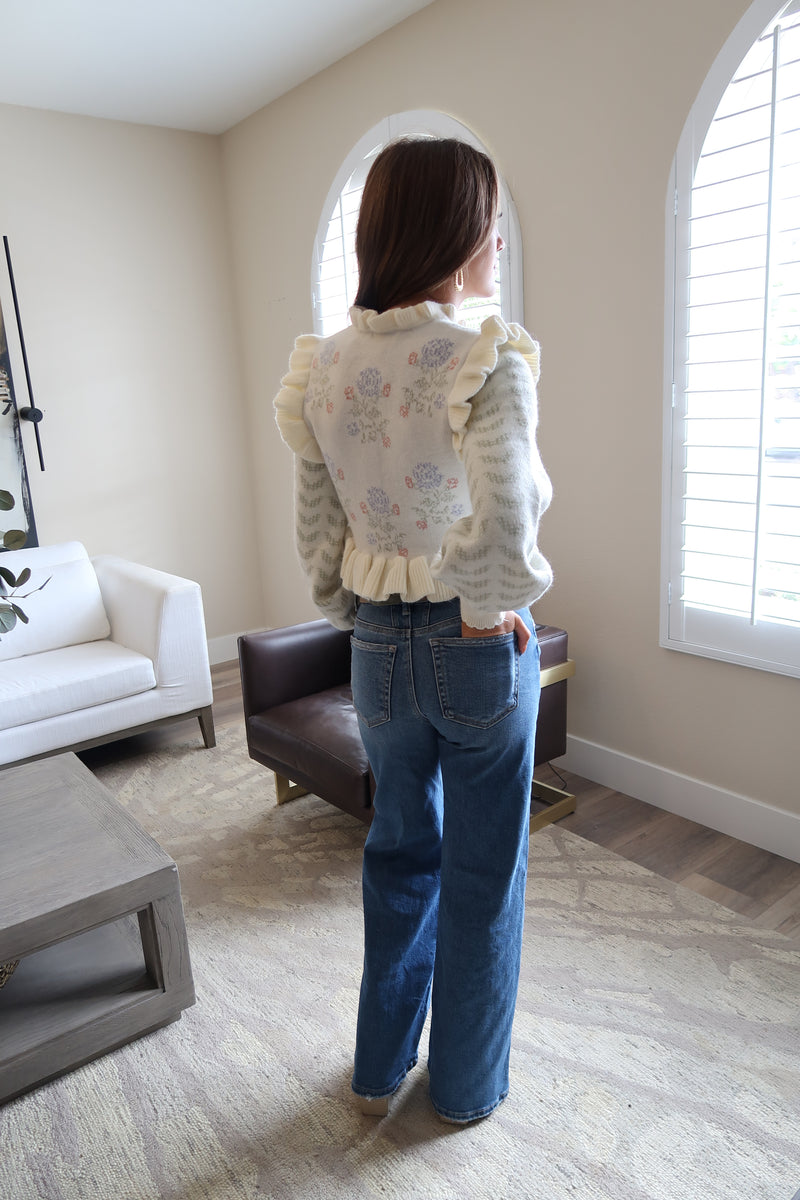 Long Sleeve Ruffle Floral Print Crop Cardigan Ivory