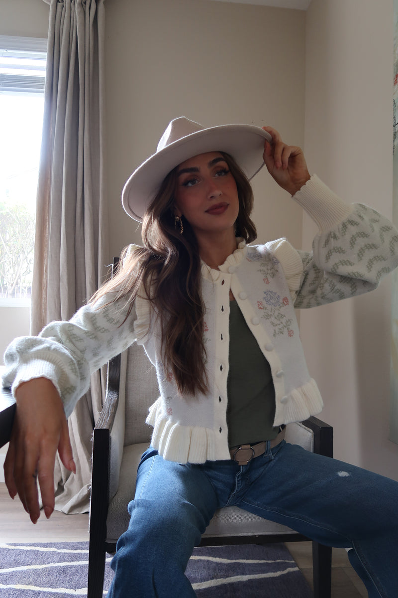 Long Sleeve Ruffle Floral Print Crop Cardigan Ivory
