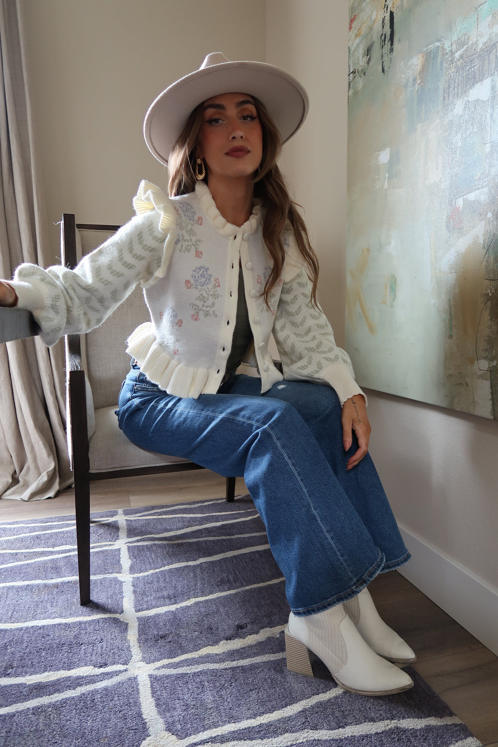 Long Sleeve Ruffle Floral Print Crop Cardigan Ivory